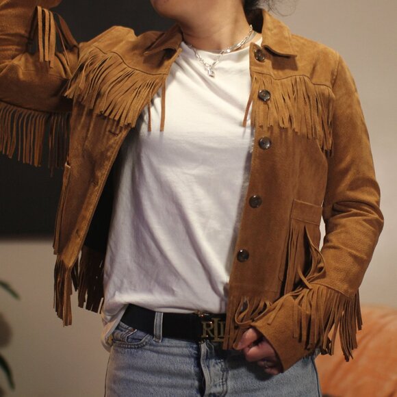 Fringe Suede Leather Jacket Aqua - Picture 2 of 13